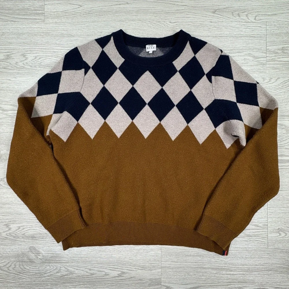 Kule Mens Sweater Argyle Crewneck Brown Navy Blue Medium Wool Cashmere Blend